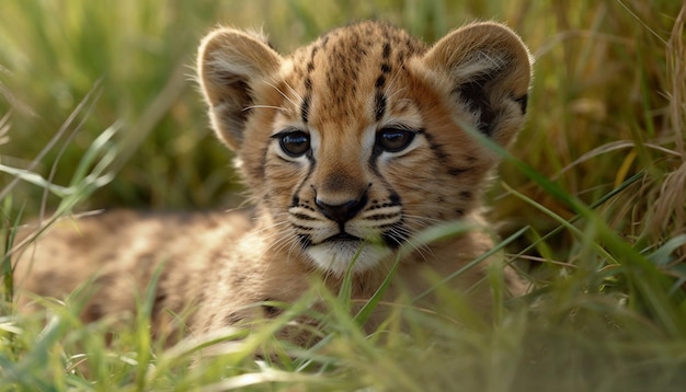 Cute young cheetah hiding in grass staring at camera Africa generated by artificial intelligence