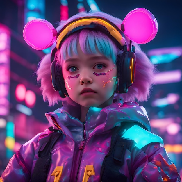 Cute young child girl posing in the camera in an cyberpunk abstract colored background