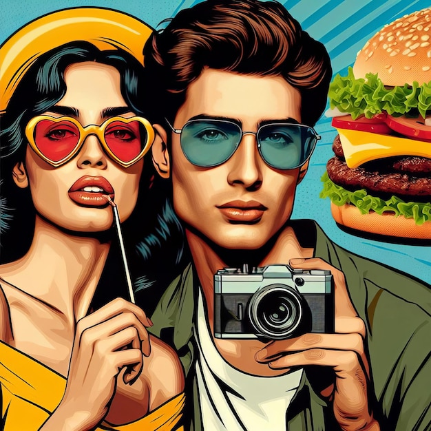 Cute young couple taking self portrait in the food story