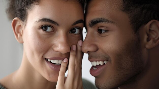 Photo cute young diverse couple close up photo telling something to each other in secret smiling scheming