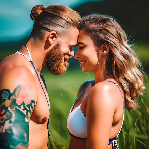 Photo a cute young girl in bikini with her smart young boyfriend romantic poses generative ai