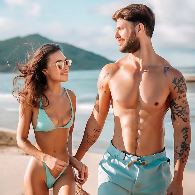 A cute young girl in bikini with her smart young boyfriend romantic poses generative ai