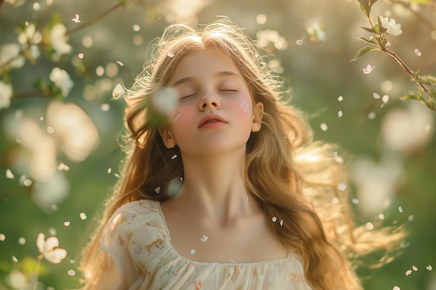 Cute young girl dancing in spring flowers