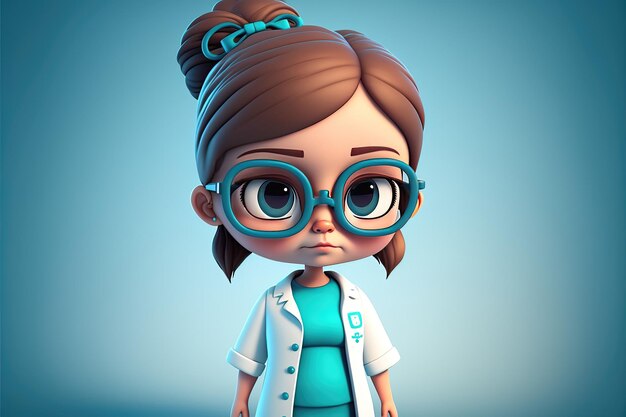 Cute young girl doctor standing on blue background 3D cartoon style