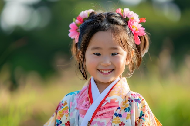 A cute young girl dressed in a colorful traditional Japanese kimono