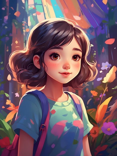 Cute young girl illustration with vibrant colors playful expression and a whimsical background D