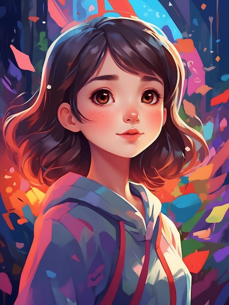 Cute young girl illustration with vibrant colors playful expression and a whimsical background D