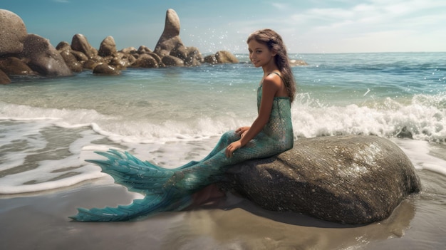 Cute young girl in a mermaid costume sits on the beach