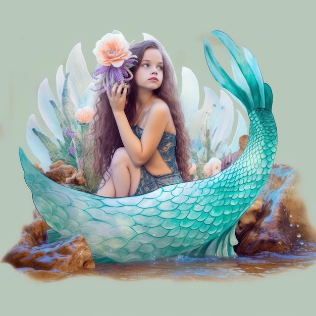 Cute young girl in a mermaid costume sits in a large sea shell with sea plants collage