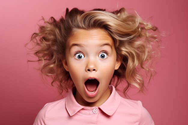 Cute young girl on pink background making surprise surprised face