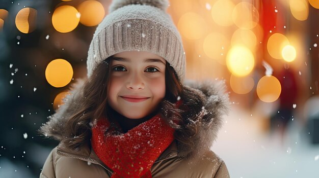 A cute young girl stands and smiles looking at the camera stay on christmas road to look at the snowy christmas tree