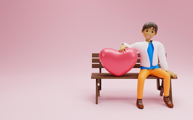 Cute young guy in love with heart shape balloons sitting on bench 3d rendering