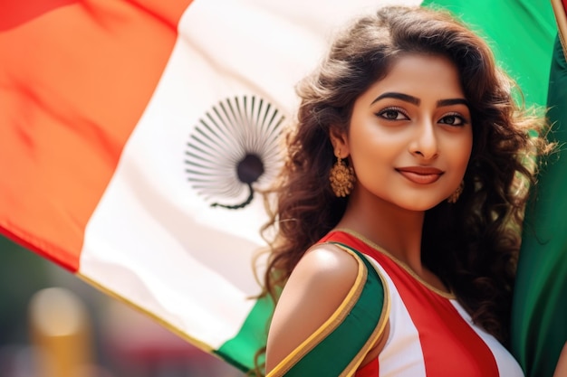 Симпатичная молодая индийская женщина и индийский флаг улыбаются независимо от Индии