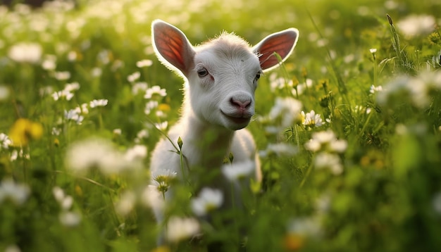 Photo cute young lamb grazing in green meadow under the sunset generated by ai