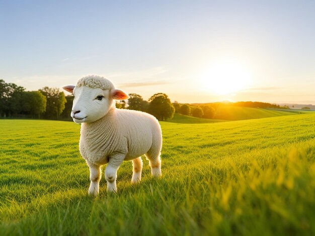 Cute young lamb grazing in green meadow at sunset