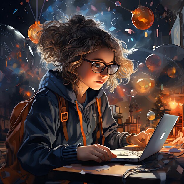 Cute young Lofi girl studying fantasy backdrop