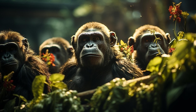 Милая молодая обезьяна, сидящая в тропическом лесу, выглядит игривой, созданной ИИ.