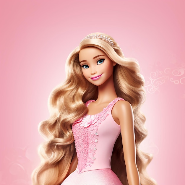 Cute young pink Barbie girl on pink background with pink dress long hair blue eyes and crown