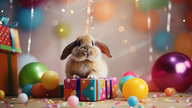 Cute young rabbit celebrates birthday with colorful decoration