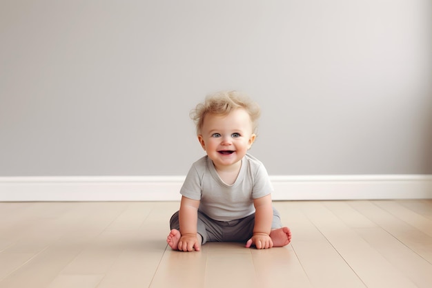 Photo cute young smiling baby with curly hair seated on wooden laminate floor at home