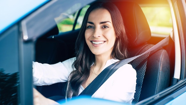 Cute young success happy brunette woman is driving a car. After dealership. Work auto. Vehicle of future