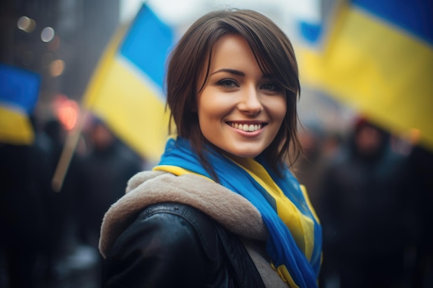 A cute young Ukrainian woman and Ukrainian flag smiling Independent of Ukrainian