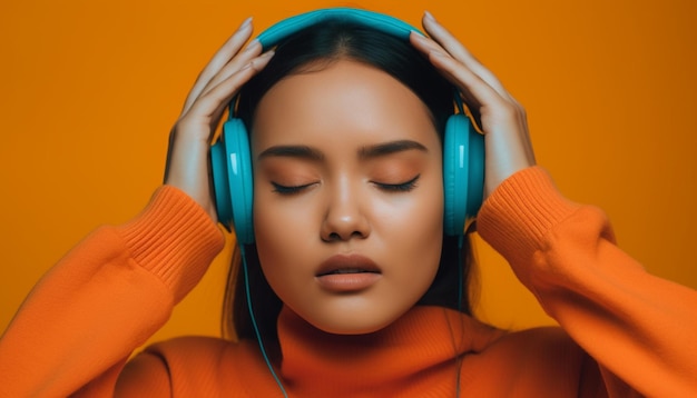 Cute young woman in casual clothing enjoys listening with headphones generated by ai