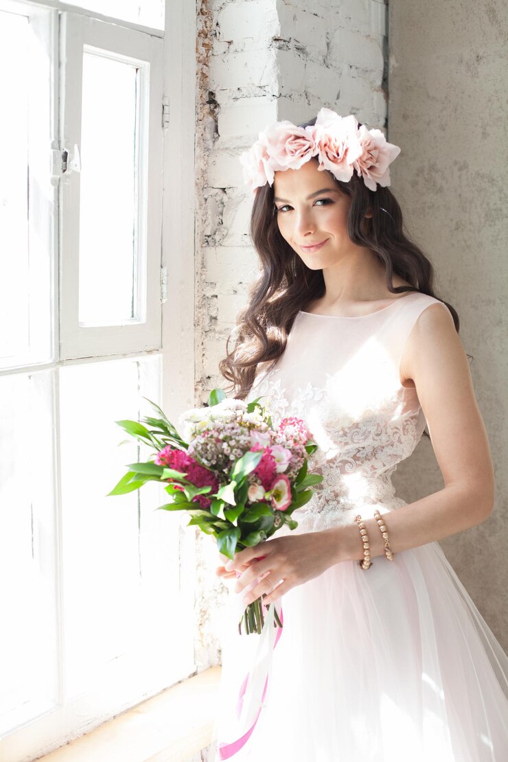 Photo メイクアップ、ピンクのバラの花輪とフラワーアレンジメントとかわいい若い女性のファッションモデル