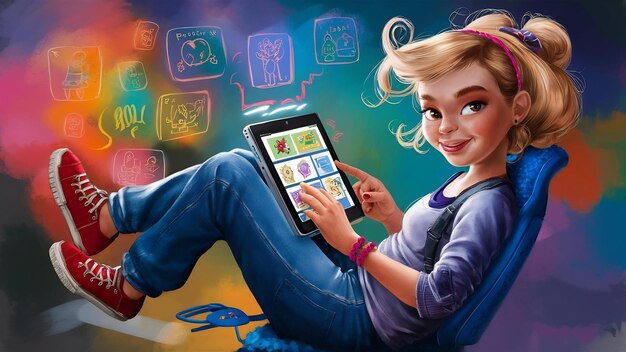 Cute young woman in jeans using digital tablet