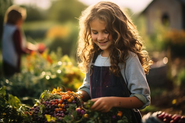 Cute young woman pick up fruits in autumn farm