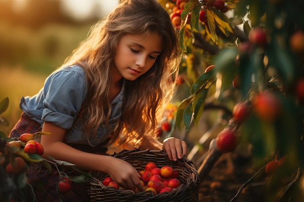 Cute young woman pick up fruits in autumn farm