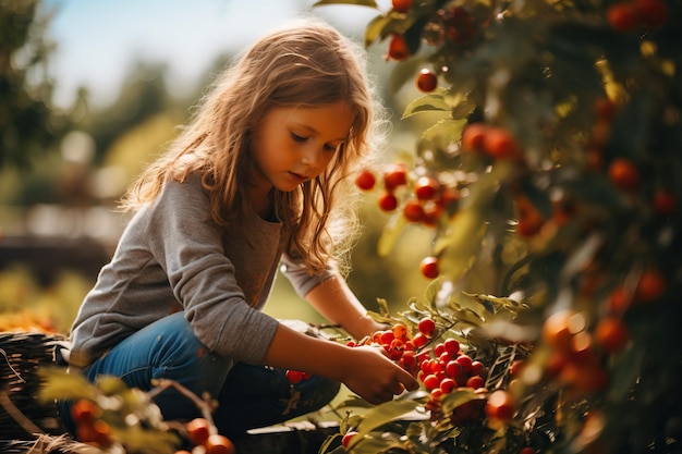 Cute young woman pick up fruits in autumn farm