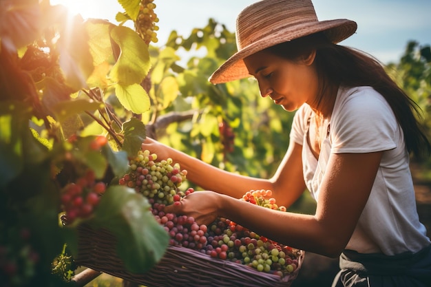 Cute young woman pick up fruits in autumn farm