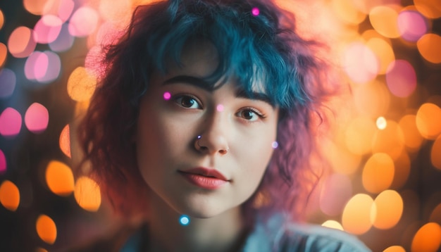Cute young woman smiling illuminated by Christmas lights generated by AI