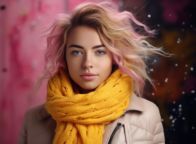 cute young woman wearing a scarf on a pink background