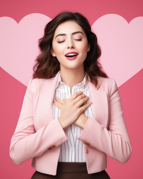 Cute young woman with hands on her chest on background cheerful and optimistic