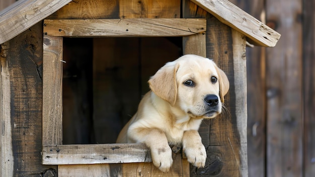 A cute young yellow Labrador Retriever puppy sits in the doorway of his wooden doghouse and looks out at the world with curiosity and wonder in his