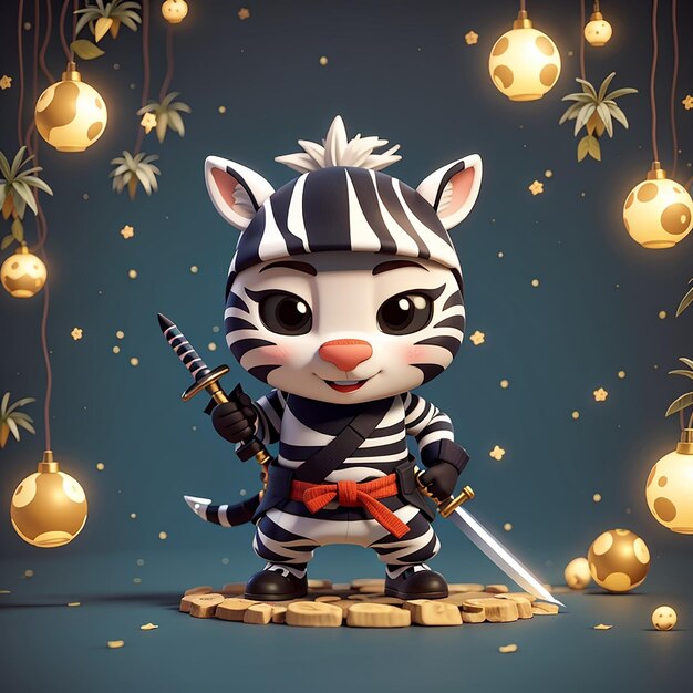 Cute zebra ninja with sword cartoon vector icon illustration animal holiday icon isolated flat