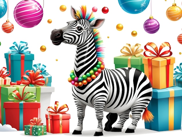 A cute zebra smiling at the party with balloons presents and balls isolated on white background