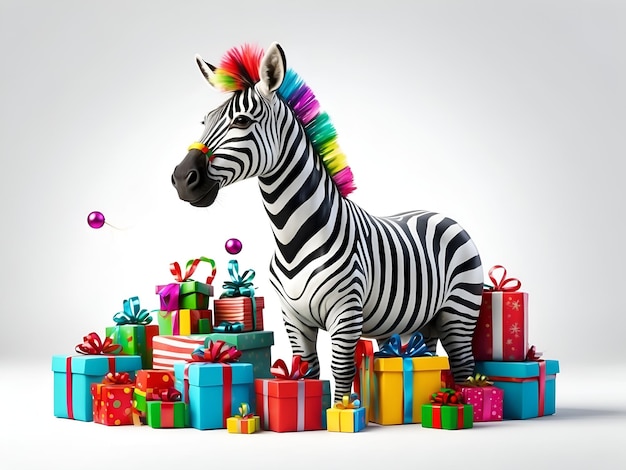 Photo a cute zebra smiling at the party with balloons presents and balls isolated on white background