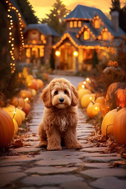 cutelabradoodle dog at halloween decorated house