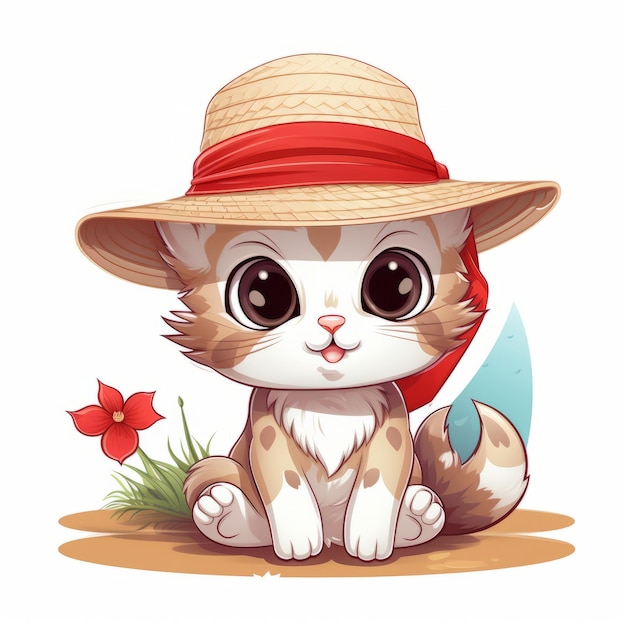 写真 白い背景のベトナム人の帽子をかぶった漫画の猫