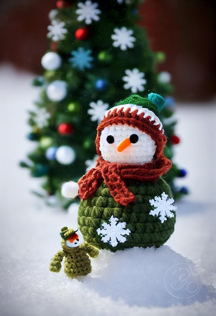 Cutest Christmas tree and snowman in forest with snow. Crochet style with wool