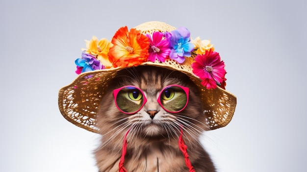 Cutie kat met kleurrijke zomerhoed met bloemen