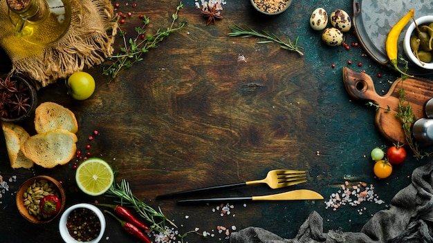 Cutlery on a black stone table with vegetables and spices Food background Top view Rustic style