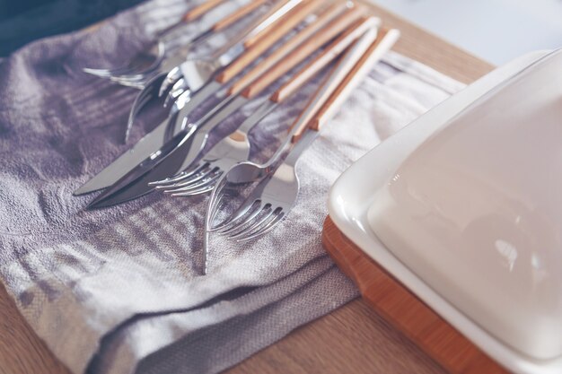 Cutlery drying out on towel