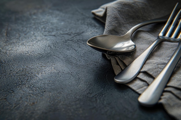 Cutlery set on gray surface with towel and spoon