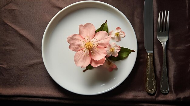 Photo cutlery with flower on plate above napkin