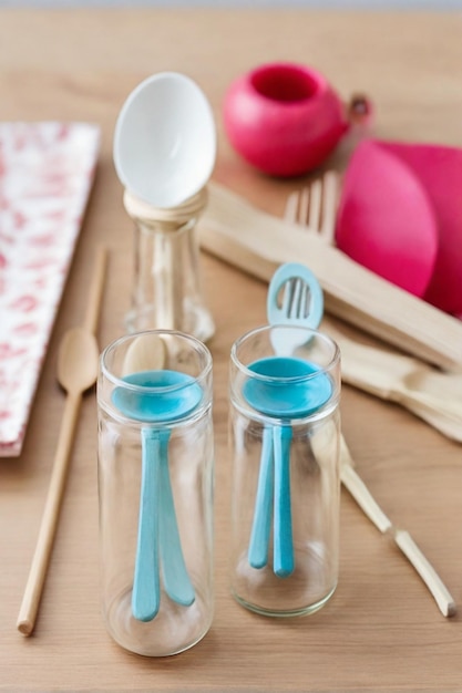 cutlery on wooden table