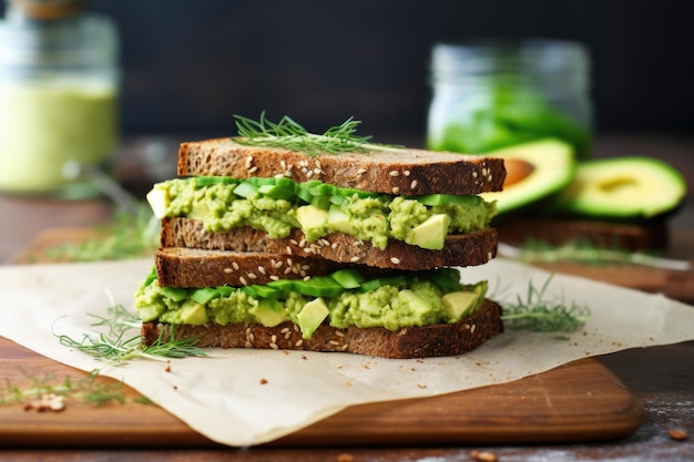 Photo cutopen avocado sandwich on rich sourdough